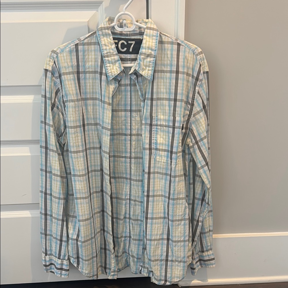 Blue and White Casual Button Down Shirt with Plaid Design